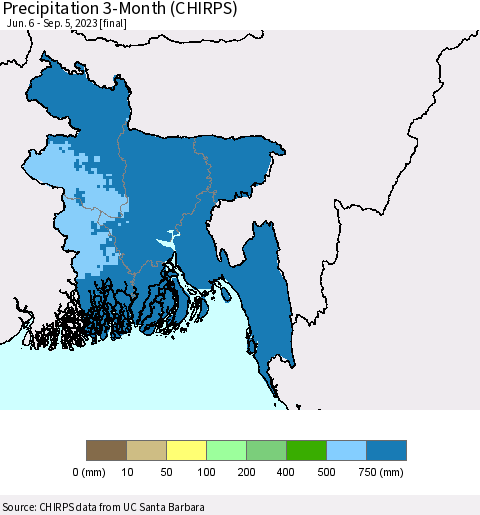 Bangladesh Precipitation 3-Month (CHIRPS) Thematic Map For 6/6/2023 - 9/5/2023