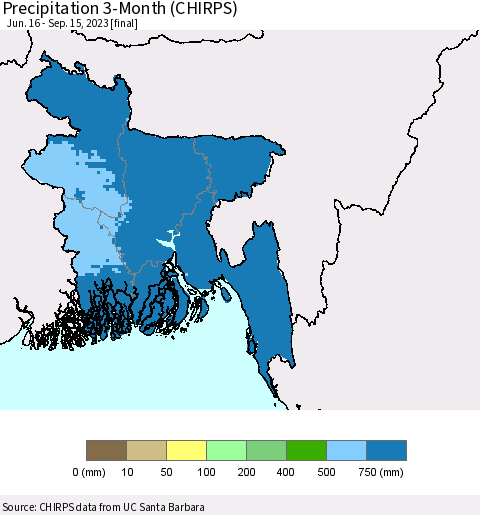 Bangladesh Precipitation 3-Month (CHIRPS) Thematic Map For 6/16/2023 - 9/15/2023