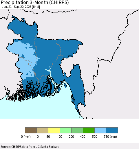 Bangladesh Precipitation 3-Month (CHIRPS) Thematic Map For 6/21/2023 - 9/20/2023