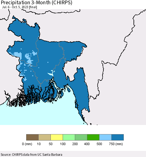 Bangladesh Precipitation 3-Month (CHIRPS) Thematic Map For 7/6/2023 - 10/5/2023