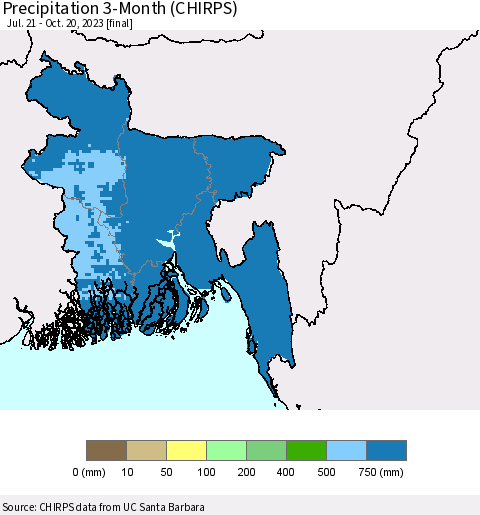 Bangladesh Precipitation 3-Month (CHIRPS) Thematic Map For 7/21/2023 - 10/20/2023