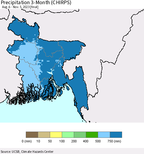 Bangladesh Precipitation 3-Month (CHIRPS) Thematic Map For 8/6/2023 - 11/5/2023