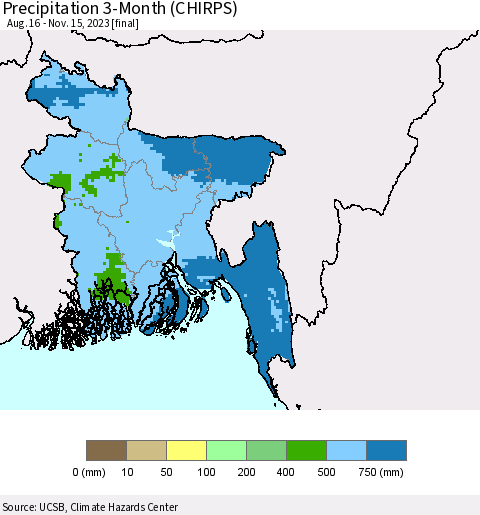 Bangladesh Precipitation 3-Month (CHIRPS) Thematic Map For 8/16/2023 - 11/15/2023