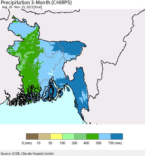 Bangladesh Precipitation 3-Month (CHIRPS) Thematic Map For 8/26/2023 - 11/25/2023
