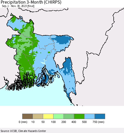 Bangladesh Precipitation 3-Month (CHIRPS) Thematic Map For 9/1/2023 - 11/30/2023