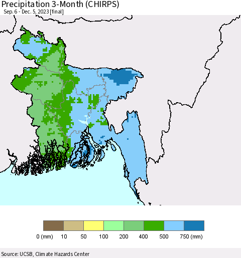 Bangladesh Precipitation 3-Month (CHIRPS) Thematic Map For 9/6/2023 - 12/5/2023
