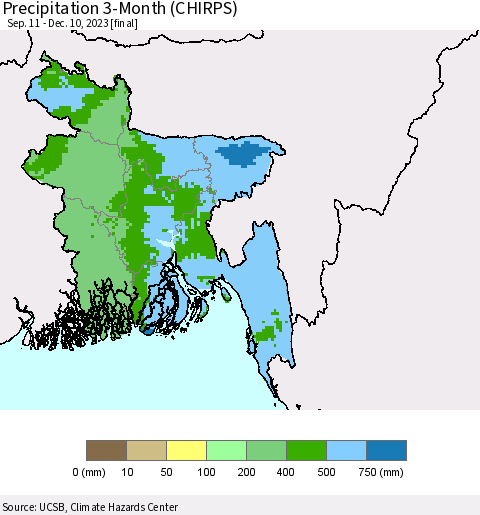 Bangladesh Precipitation 3-Month (CHIRPS) Thematic Map For 9/11/2023 - 12/10/2023