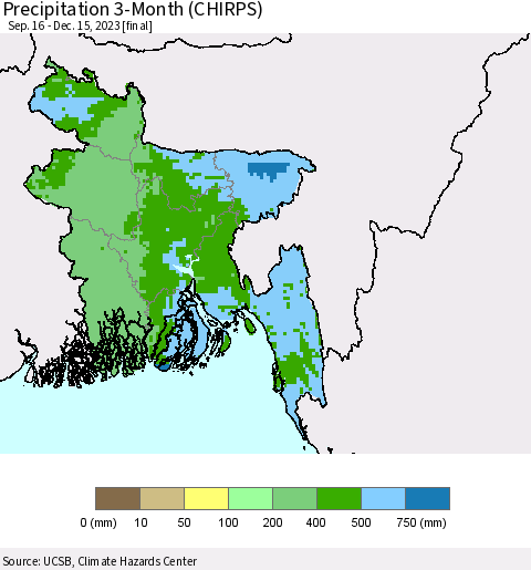 Bangladesh Precipitation 3-Month (CHIRPS) Thematic Map For 9/16/2023 - 12/15/2023