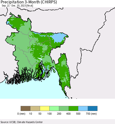 Bangladesh Precipitation 3-Month (CHIRPS) Thematic Map For 9/21/2023 - 12/20/2023