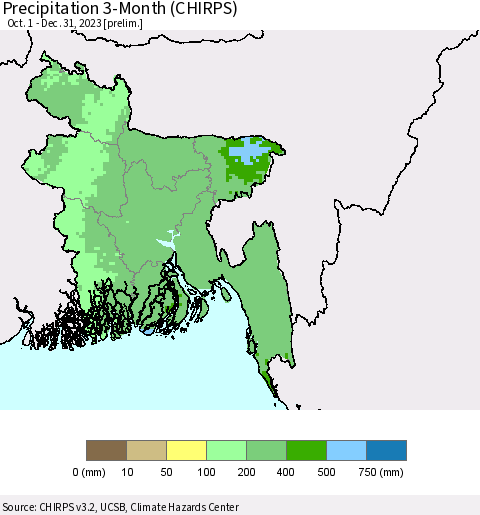 Bangladesh Precipitation 3-Month (CHIRPS) Thematic Map For 10/1/2023 - 12/31/2023