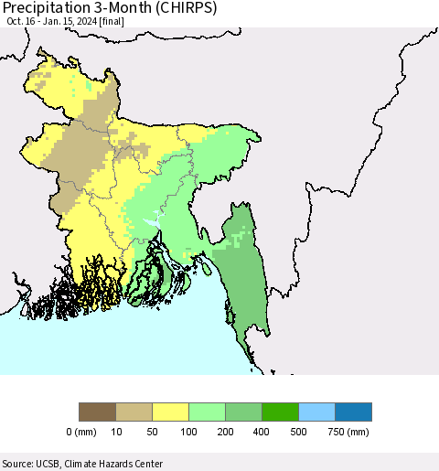 Bangladesh Precipitation 3-Month (CHIRPS) Thematic Map For 10/16/2023 - 1/15/2024