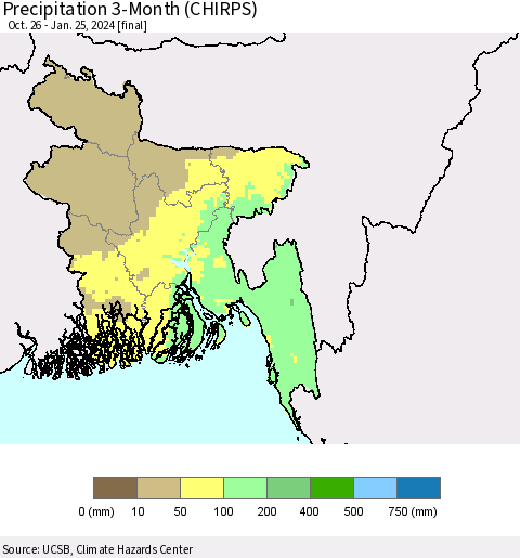 Bangladesh Precipitation 3-Month (CHIRPS) Thematic Map For 10/26/2023 - 1/25/2024