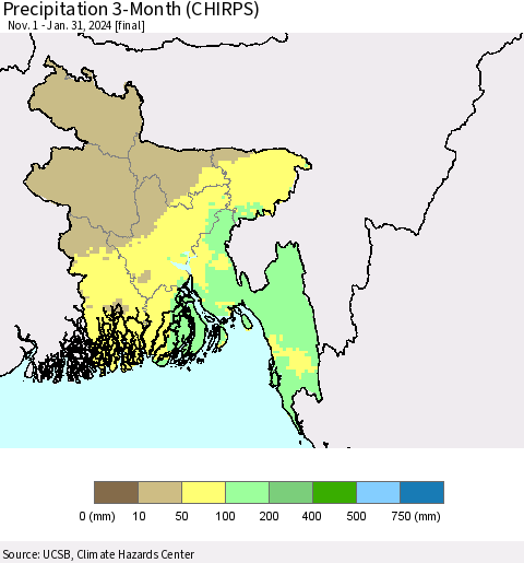 Bangladesh Precipitation 3-Month (CHIRPS) Thematic Map For 11/1/2023 - 1/31/2024