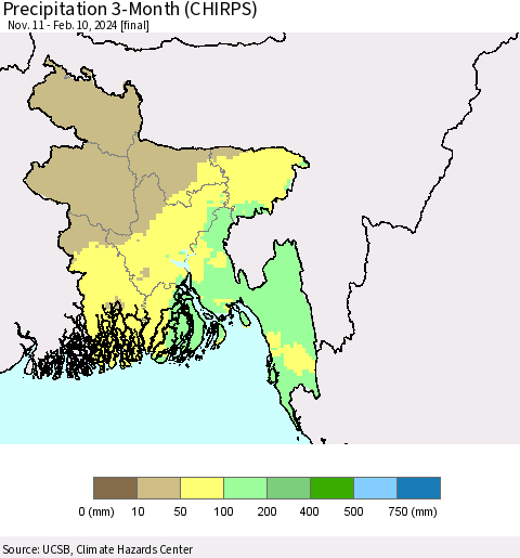 Bangladesh Precipitation 3-Month (CHIRPS) Thematic Map For 11/11/2023 - 2/10/2024