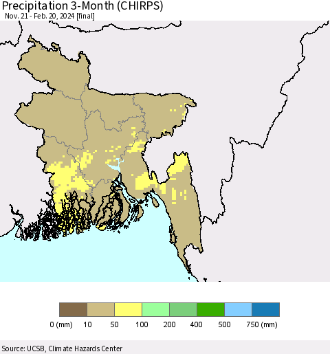 Bangladesh Precipitation 3-Month (CHIRPS) Thematic Map For 11/21/2023 - 2/20/2024