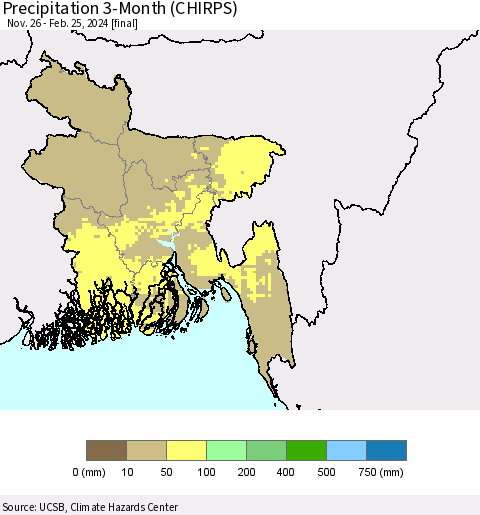 Bangladesh Precipitation 3-Month (CHIRPS) Thematic Map For 11/26/2023 - 2/25/2024