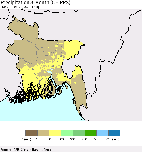 Bangladesh Precipitation 3-Month (CHIRPS) Thematic Map For 12/1/2023 - 2/29/2024