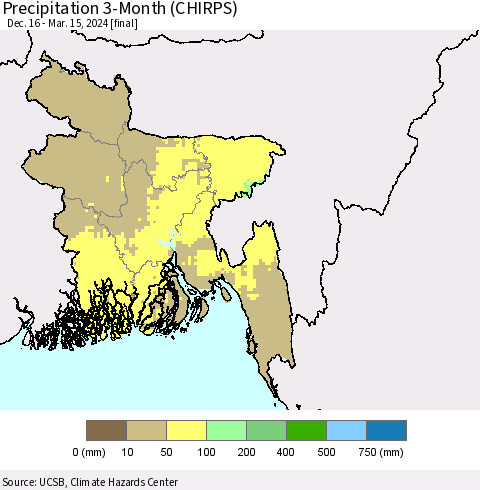 Bangladesh Precipitation 3-Month (CHIRPS) Thematic Map For 12/16/2023 - 3/15/2024