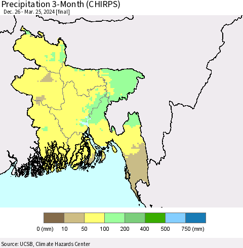 Bangladesh Precipitation 3-Month (CHIRPS) Thematic Map For 12/26/2023 - 3/25/2024