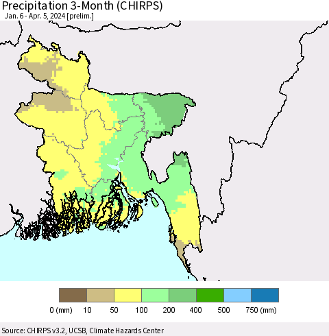 Bangladesh Precipitation 3-Month (CHIRPS) Thematic Map For 1/6/2024 - 4/5/2024