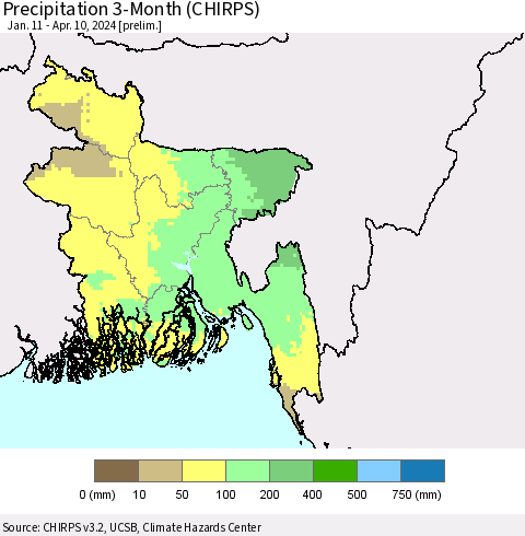 Bangladesh Precipitation 3-Month (CHIRPS) Thematic Map For 1/11/2024 - 4/10/2024