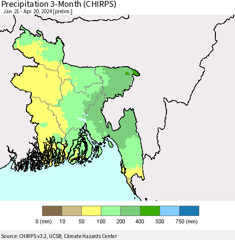 Bangladesh Precipitation 3-Month (CHIRPS) Thematic Map For 1/21/2024 - 4/20/2024