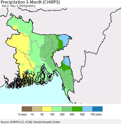 Bangladesh Precipitation 3-Month (CHIRPS) Thematic Map For 2/6/2024 - 5/5/2024