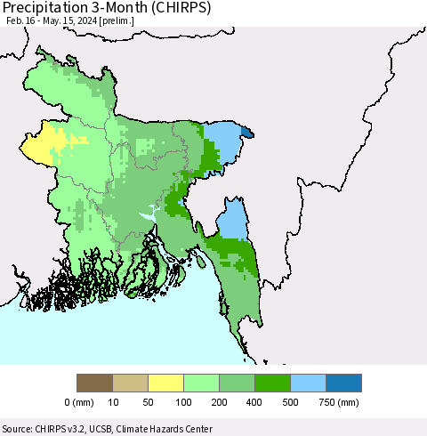 Bangladesh Precipitation 3-Month (CHIRPS) Thematic Map For 2/16/2024 - 5/15/2024