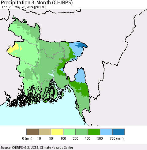 Bangladesh Precipitation 3-Month (CHIRPS) Thematic Map For 2/21/2024 - 5/20/2024