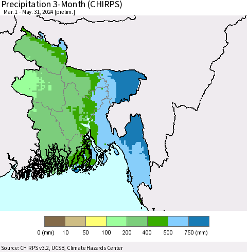 Bangladesh Precipitation 3-Month (CHIRPS) Thematic Map For 3/1/2024 - 5/31/2024