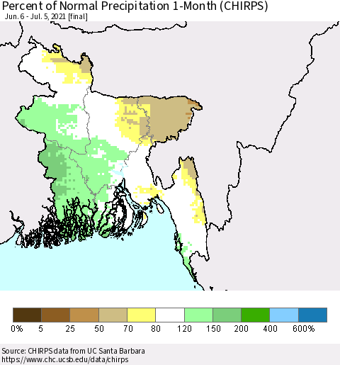 Bangladesh Percent of Normal Precipitation 1-Month (CHIRPS) Thematic Map For 6/6/2021 - 7/5/2021