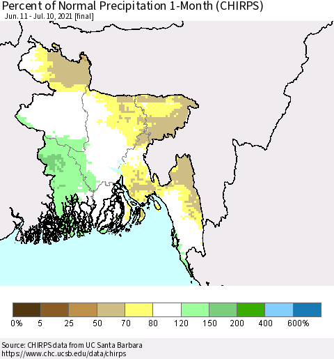 Bangladesh Percent of Normal Precipitation 1-Month (CHIRPS) Thematic Map For 6/11/2021 - 7/10/2021