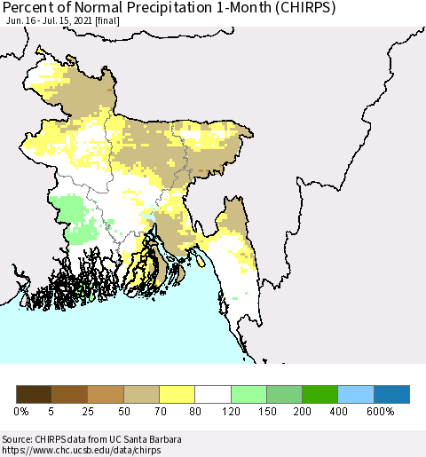 Bangladesh Percent of Normal Precipitation 1-Month (CHIRPS) Thematic Map For 6/16/2021 - 7/15/2021