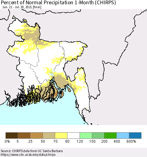 Bangladesh Percent of Normal Precipitation 1-Month (CHIRPS) Thematic Map For 6/21/2021 - 7/20/2021