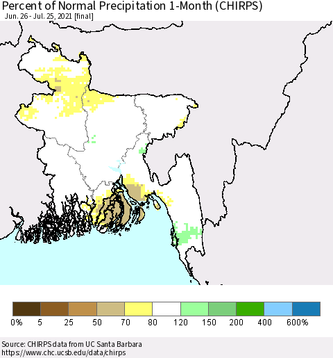 Bangladesh Percent of Normal Precipitation 1-Month (CHIRPS) Thematic Map For 6/26/2021 - 7/25/2021