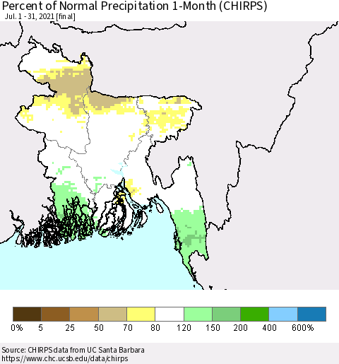 Bangladesh Percent of Normal Precipitation 1-Month (CHIRPS) Thematic Map For 7/1/2021 - 7/31/2021