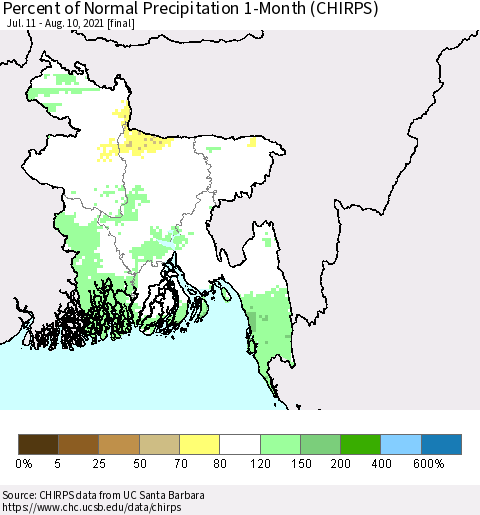 Bangladesh Percent of Normal Precipitation 1-Month (CHIRPS) Thematic Map For 7/11/2021 - 8/10/2021