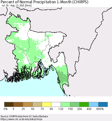 Bangladesh Percent of Normal Precipitation 1-Month (CHIRPS) Thematic Map For 7/16/2021 - 8/15/2021