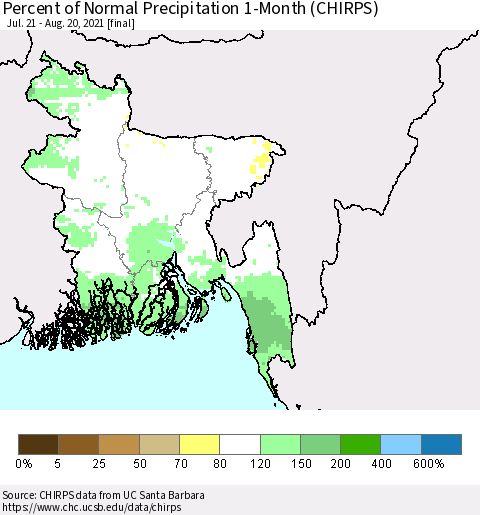 Bangladesh Percent of Normal Precipitation 1-Month (CHIRPS) Thematic Map For 7/21/2021 - 8/20/2021