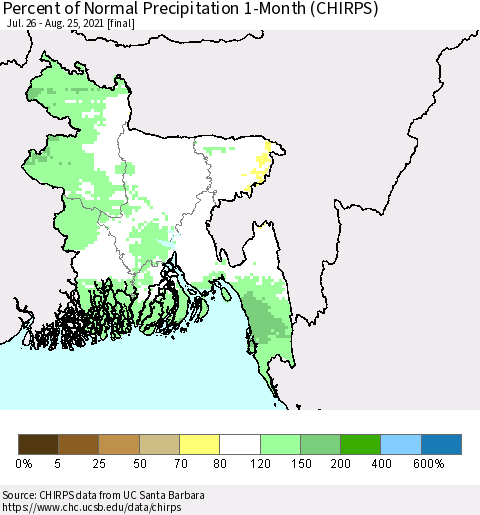 Bangladesh Percent of Normal Precipitation 1-Month (CHIRPS) Thematic Map For 7/26/2021 - 8/25/2021