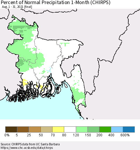 Bangladesh Percent of Normal Precipitation 1-Month (CHIRPS) Thematic Map For 8/1/2021 - 8/31/2021