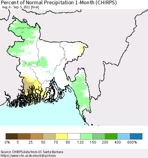 Bangladesh Percent of Normal Precipitation 1-Month (CHIRPS) Thematic Map For 8/6/2021 - 9/5/2021