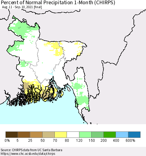 Bangladesh Percent of Normal Precipitation 1-Month (CHIRPS) Thematic Map For 8/11/2021 - 9/10/2021