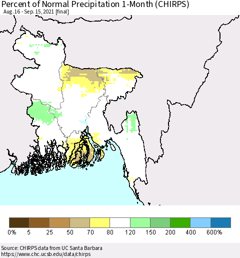 Bangladesh Percent of Normal Precipitation 1-Month (CHIRPS) Thematic Map For 8/16/2021 - 9/15/2021