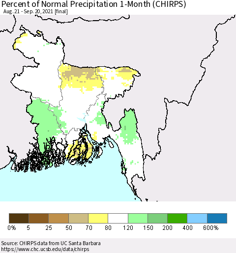 Bangladesh Percent of Normal Precipitation 1-Month (CHIRPS) Thematic Map For 8/21/2021 - 9/20/2021