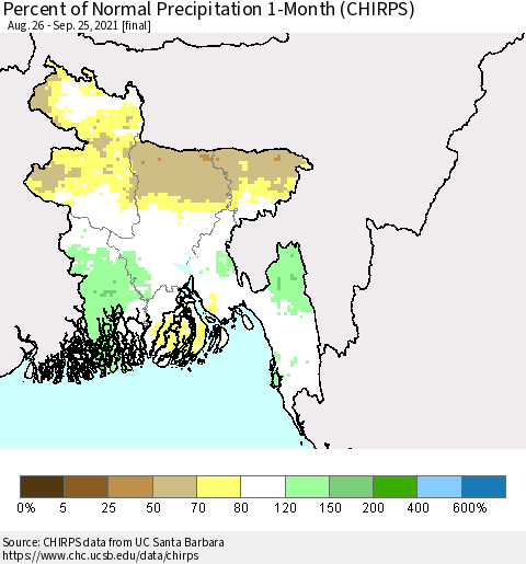 Bangladesh Percent of Normal Precipitation 1-Month (CHIRPS) Thematic Map For 8/26/2021 - 9/25/2021
