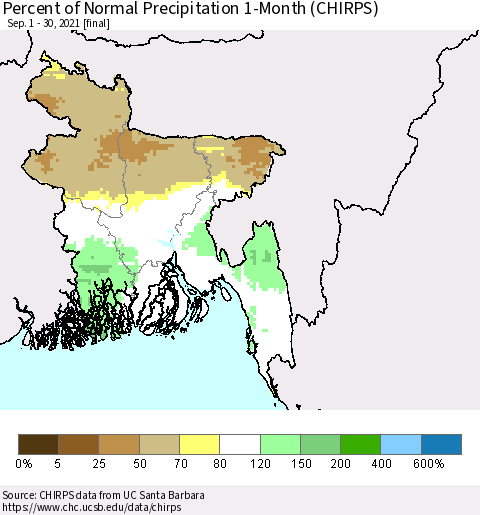 Bangladesh Percent of Normal Precipitation 1-Month (CHIRPS) Thematic Map For 9/1/2021 - 9/30/2021