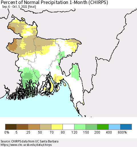 Bangladesh Percent of Normal Precipitation 1-Month (CHIRPS) Thematic Map For 9/6/2021 - 10/5/2021
