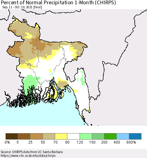 Bangladesh Percent of Normal Precipitation 1-Month (CHIRPS) Thematic Map For 9/11/2021 - 10/10/2021