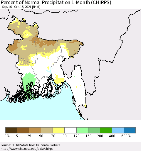 Bangladesh Percent of Normal Precipitation 1-Month (CHIRPS) Thematic Map For 9/16/2021 - 10/15/2021